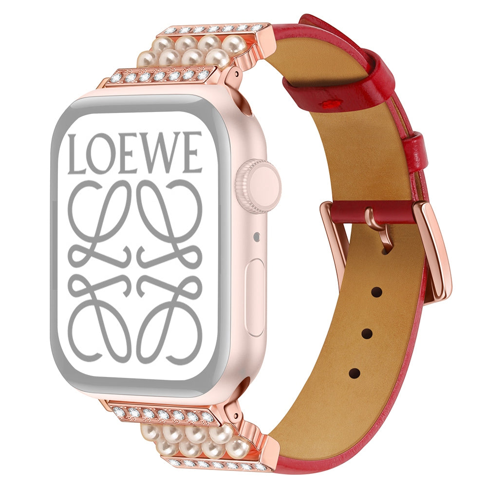 For Apple Watch Series 9 8 7 41mm 6 5 4 SE (2023) SE(2022) SE 40mm 3 2 1 38mm Genuine Leather Pearl Rhinestone Decor Watch Band Wrist Strap For Apple Watch Series 9 8 7 41mm 6 5 4 SE (2023) SE(2022) SE 40mm 3 2 1 38mm Genuine Leather Pearl Rhinestone Decor Watch Band Wrist Strap